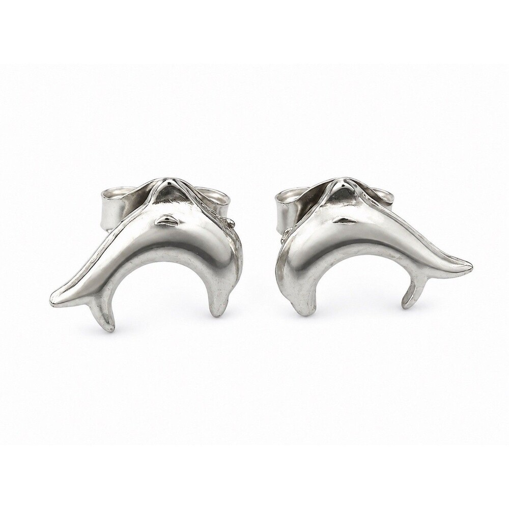 Vintage Silver Tone Dolphin Stud Earrings Coastal Beach Ocean Nautical Y2K